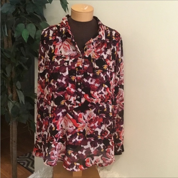 LIZ Claiborne Blouse Woman’s XL attached cami multi color floral semi sh… - Picture 1 of 8